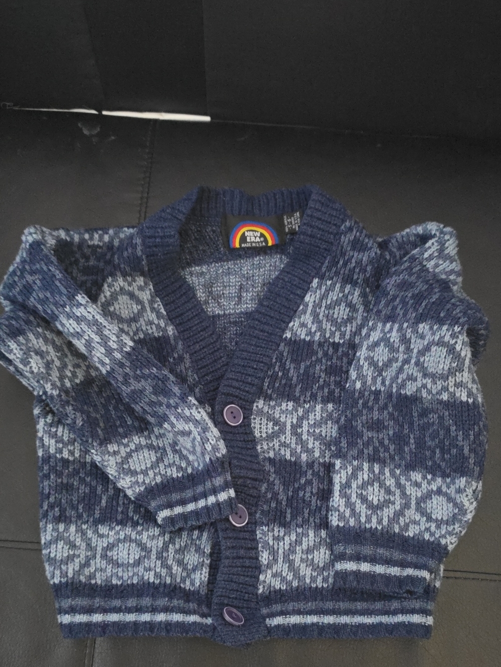 vintage 90's New Era Navy and Light-Blue Patterned Men’s Cardigan Sweater 5/6